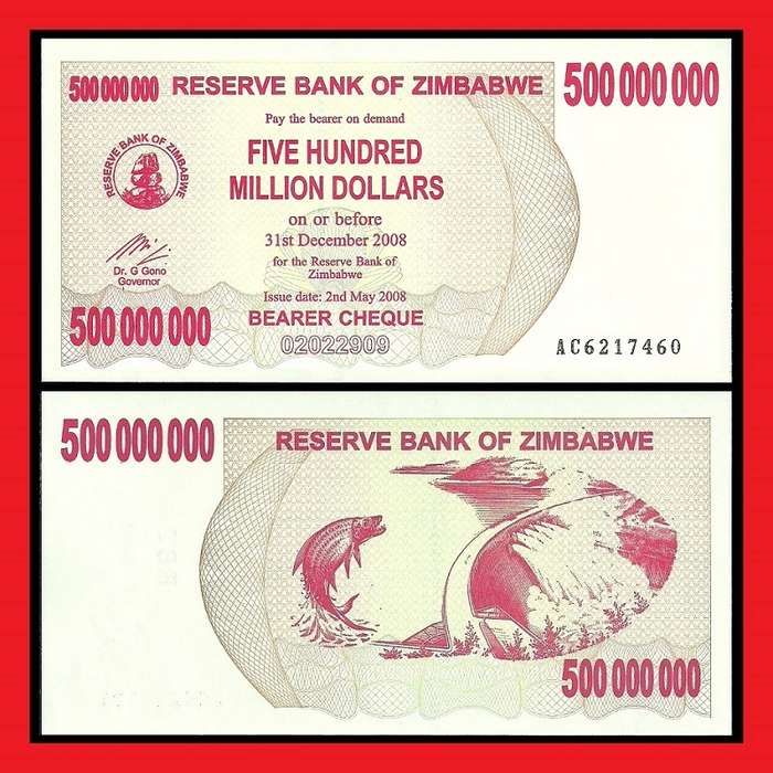 Zimbabwe 500 Million Dollar Bearer Cheque AC6217460