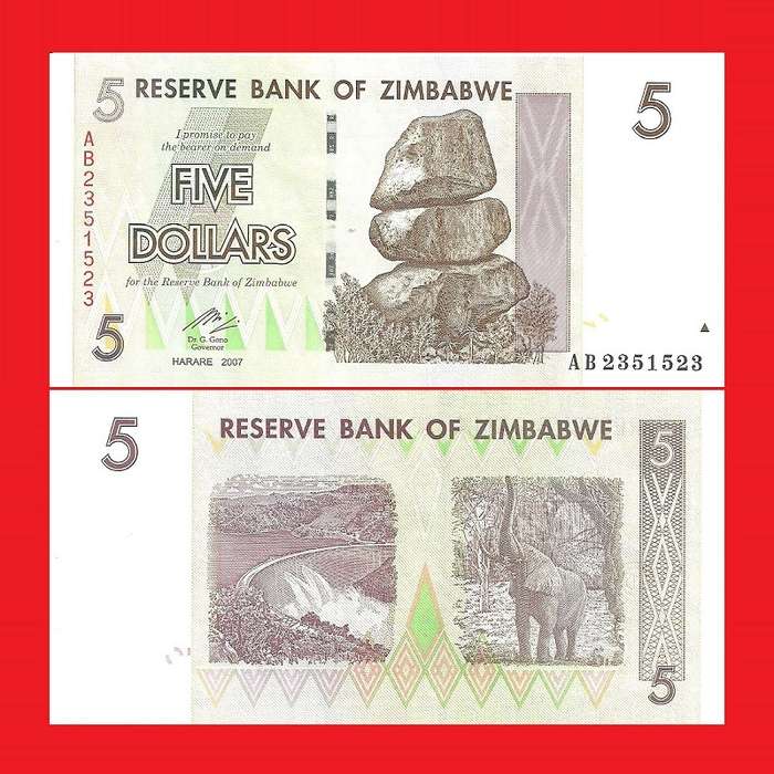 Zimbabwe 5 Dollar Banknote P66 Serial AB2351523