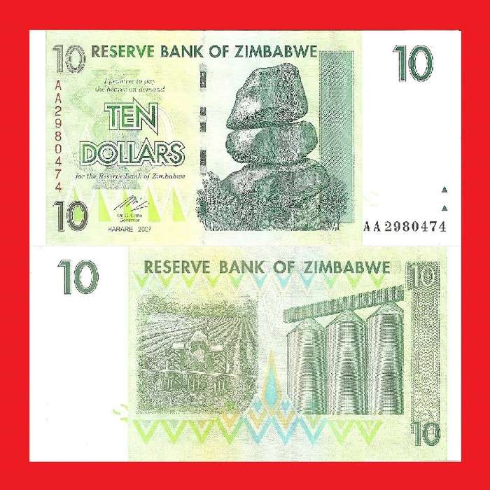 ZIMBABWE 10 Dollar Banknote P67 Serial AA2980474