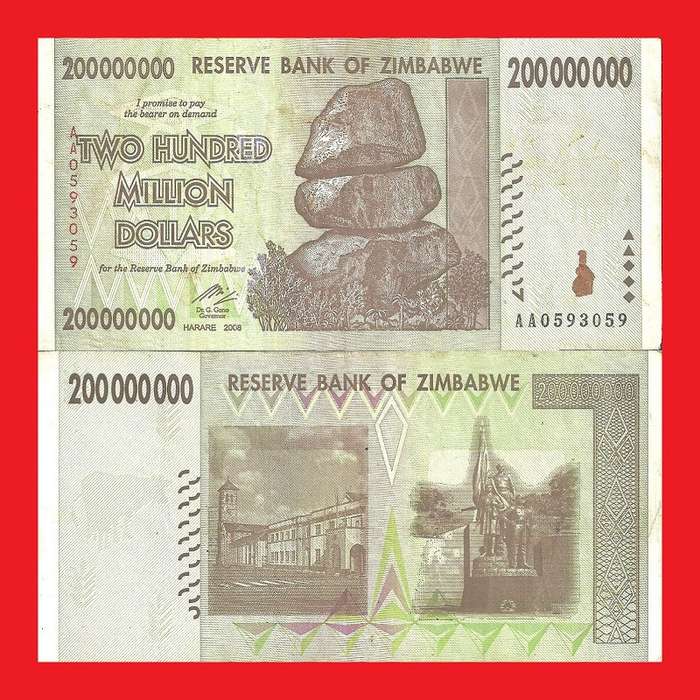 ZIMBABWE 200 Million Dollar Banknote Serial AA0593059 VF