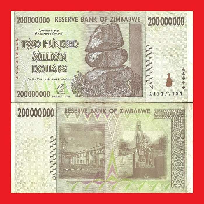 Zimbabwe 200 Million Dollar Banknote Serial AA1477134 VF