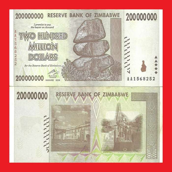 Zimbabwe 200 Million Dollar Banknote Serial AA1568252 AU