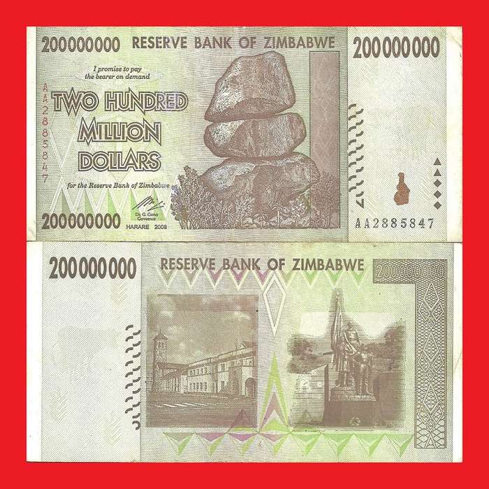 ZIMBABWE 200 Million Dollar Banknote Serial AA2885847 VF