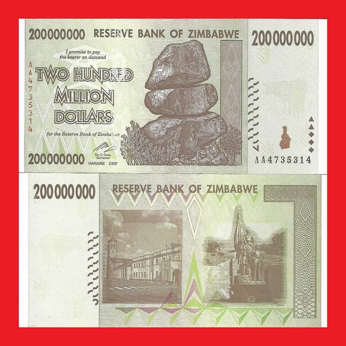 ZIMBABWE 200 Million Dollar Banknote Serial AA4735314 UNC
