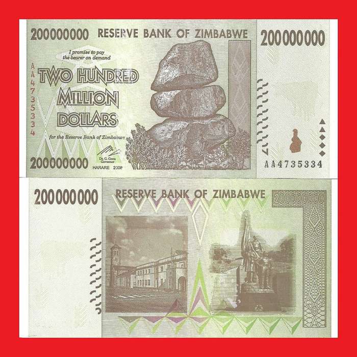 ZIMBABWE 200 Million Dollar Banknote Serial AA4735334 UNC