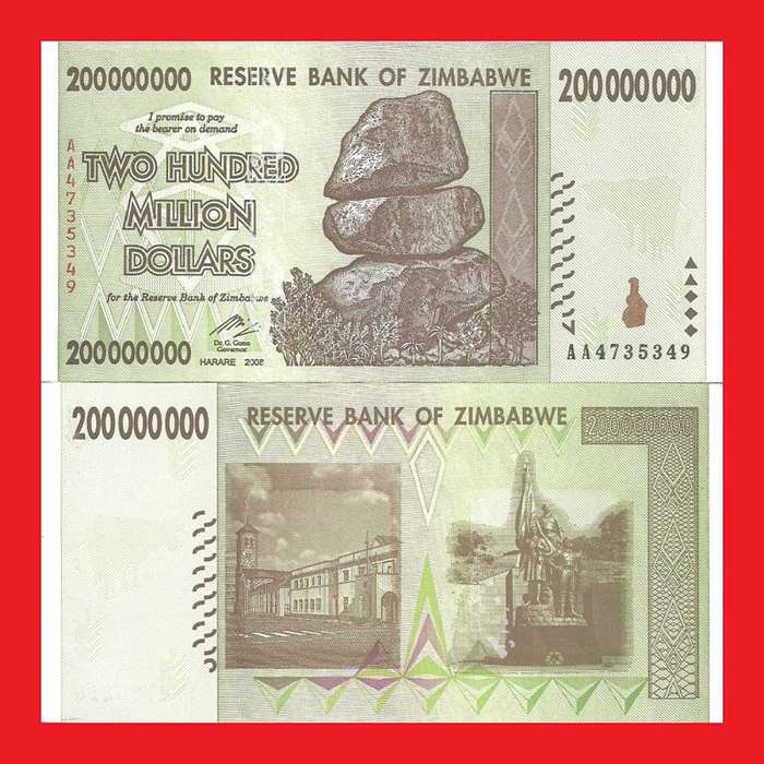 ZIMBABWE 200 Million Dollar Banknote Serial AA4735349 UNC