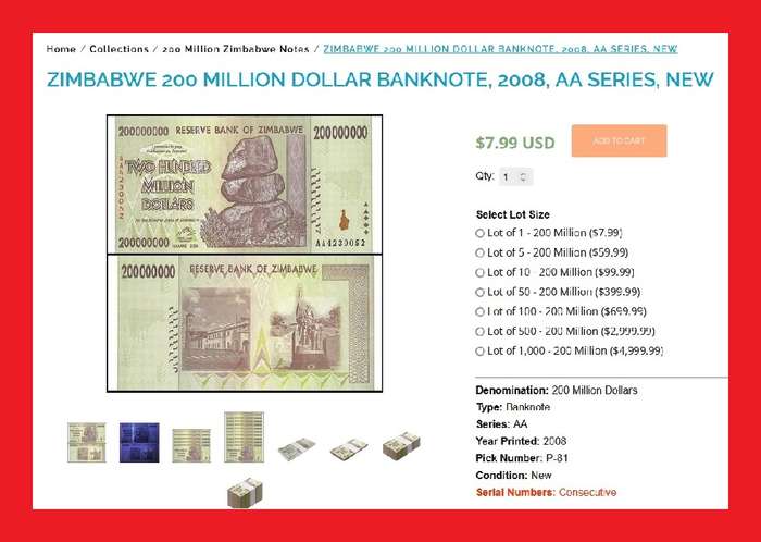 ZIMBABWE 200 Million Dollar Banknote Serial AA4735332 UNC