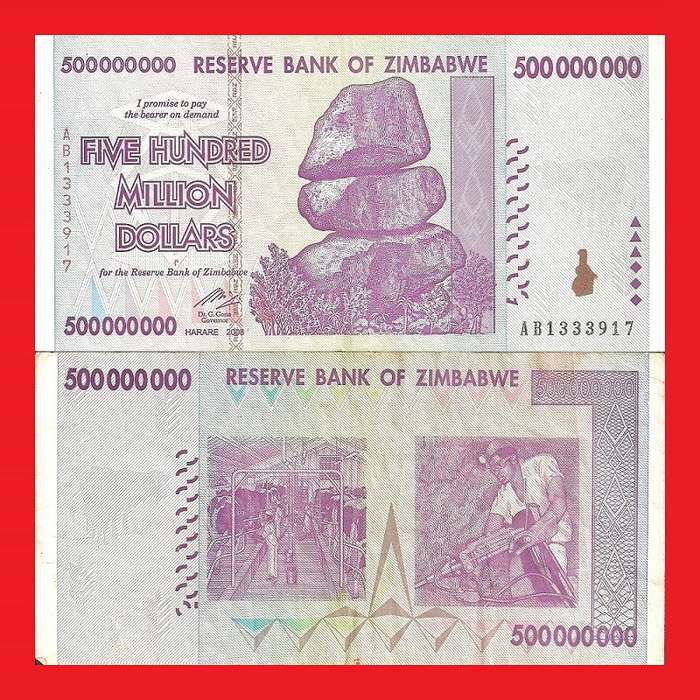 Zimbabwe 500 Million Dollar Banknote Serial AB1333917 XF
