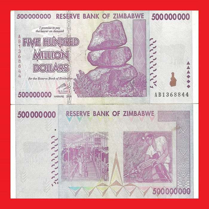 ZIMBABWE 500 Million Dollar Banknote Serial AB1368844 XF