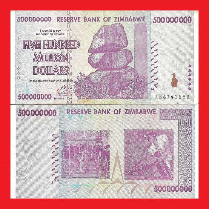 ZIMBABWE 500 Million Dollar Banknote Serial AB4141880 VF