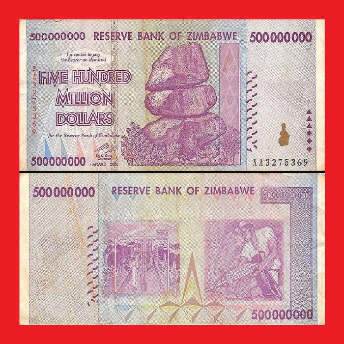 ZIMBABWE 500 Million Dollar Banknotes AA Series Used Condition