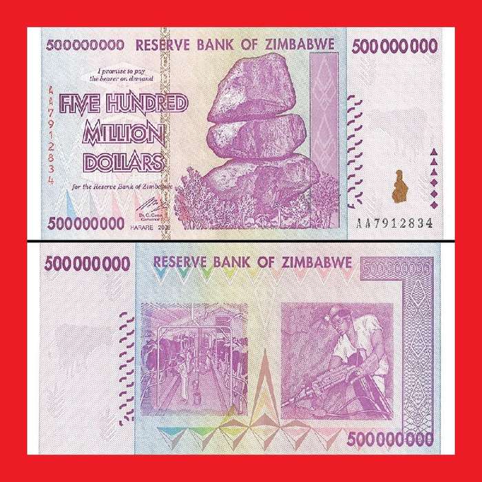 Zimbabwe 500 Million Dollar Banknotes AA Series Mint Condition