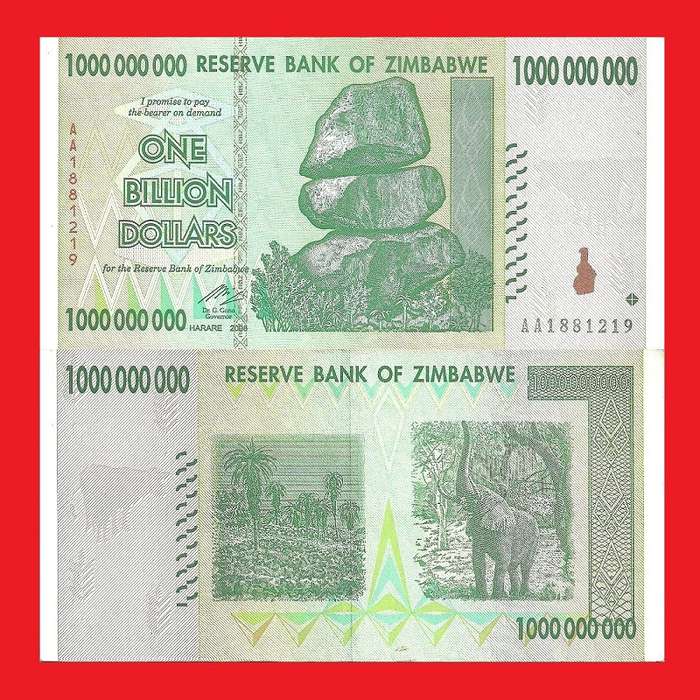 Zimbabwe 1 Billion Dollar Banknote Serial AA1881219 UNC