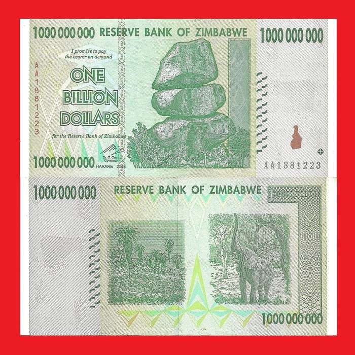 ZIMBABWE 1 Billion Dollar Banknote Serial AA1881223 UNC