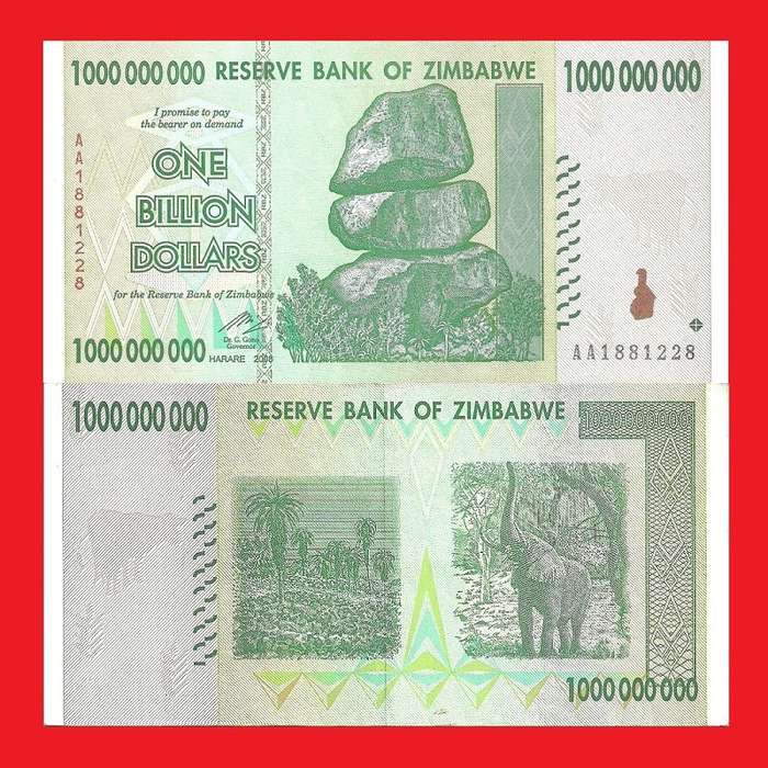 Zimbabwe 1 Billion Dollar Banknote Serial AA1881228 UNC