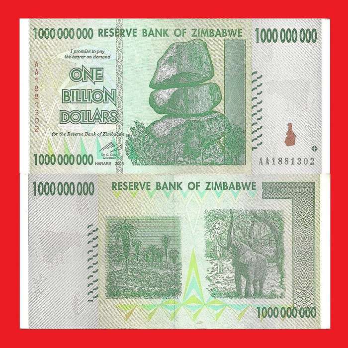 Zimbabwe 1 Billion Dollar Banknote Serial AA1881302 UNC