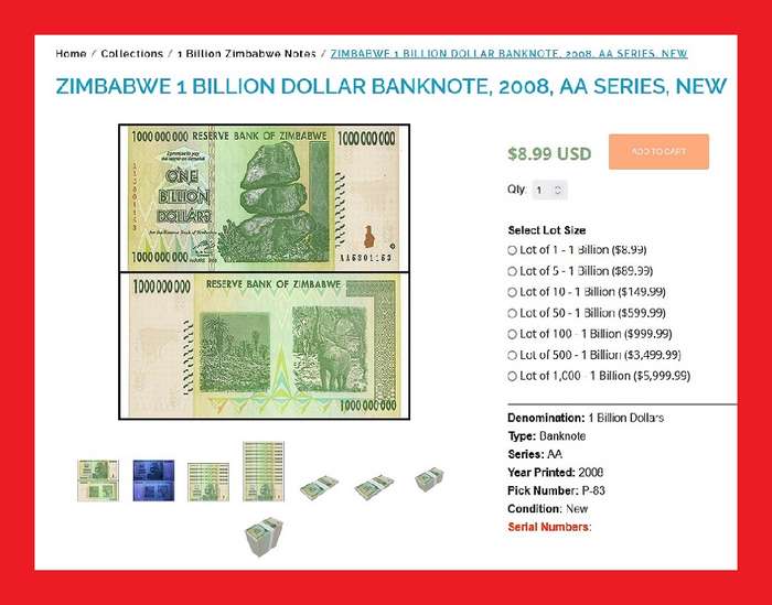 Zimbabwe 1 Billion Dollar Banknote Serial AA1881302 UNC