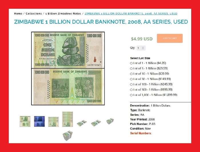 Zimbabwe 1 Billion Dollar Banknote Serial AA3029716 VF