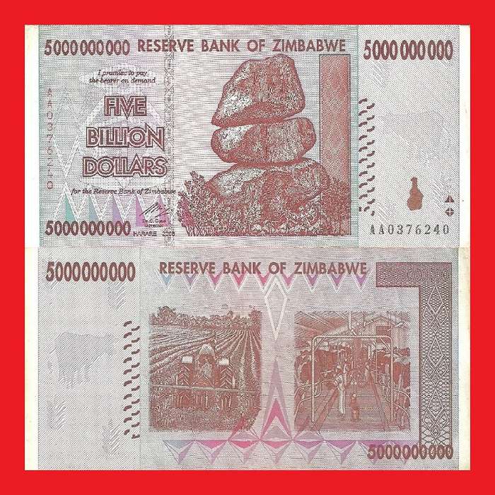 Zimbabwe 5 Billion Dollar Banknote Serial AA0376240 VF