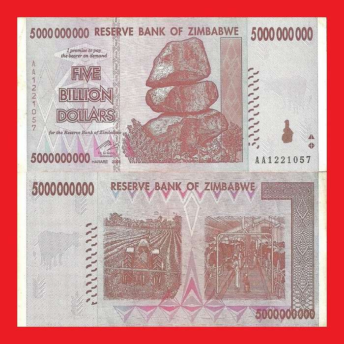 ZIMBABWE 5 Billion Dollar Banknote Serial AA1221057 VF