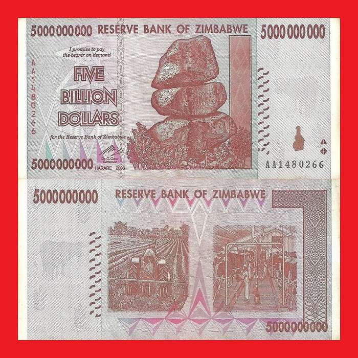 ZIMBABWE 5 Billion Dollar Banknote Serial AA1480266 VF