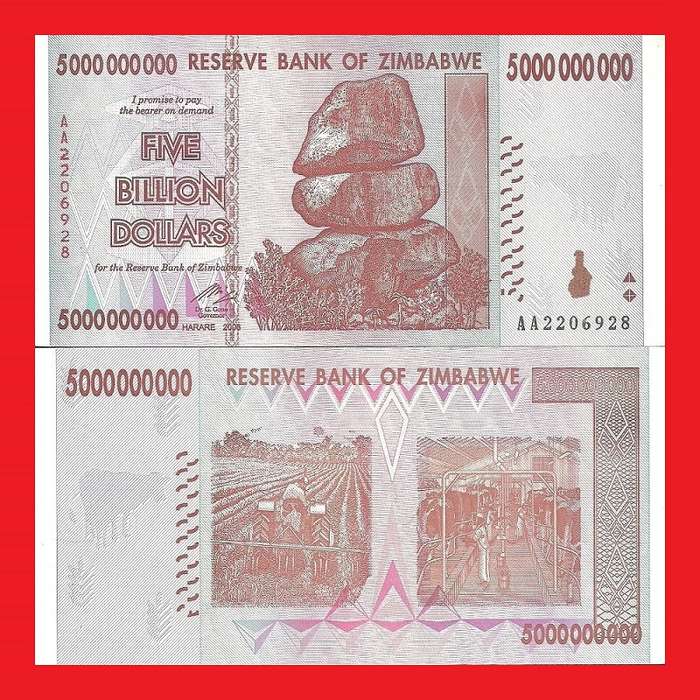 Zimbabwe 5 Billion Dollar Banknote Serial AA2206928 AU
