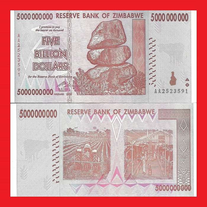 ZIMBABWE 5 Billion Dollar Banknote Serial AA2523591 AU