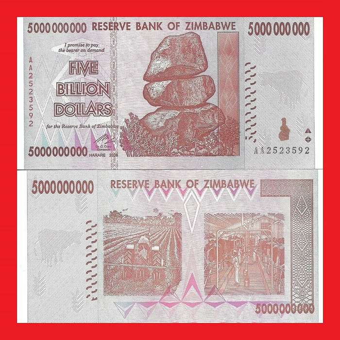 ZIMBABWE 5 Billion Dollar Banknote Serial AA2523592 AU