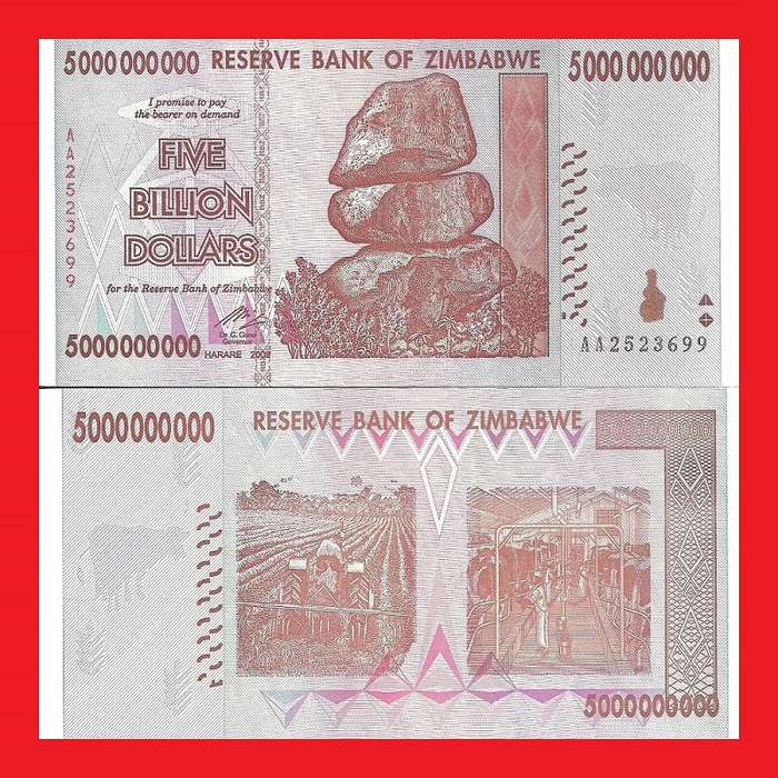 ZIMBABWE 5 Billion Dollar Banknote Serial AA2523699 AU