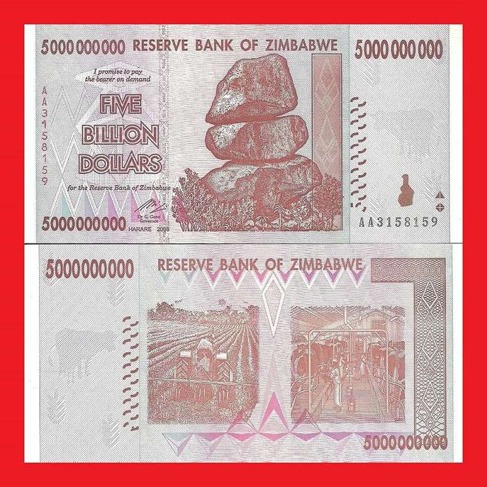 ZIMBABWE 5 Billion Dollar Banknote Serial AA3158159 AU
