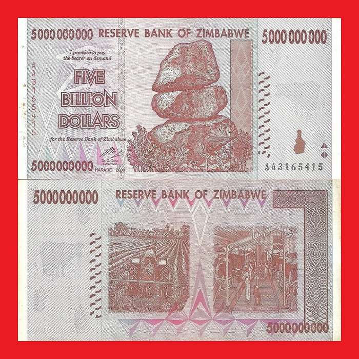 ZIMBABWE 5 Billion Dollar Banknote Serial AA3165415 VF