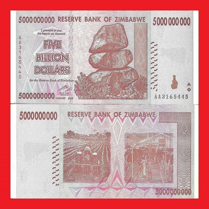 ZIMBABWE 5 Billion Dollar Banknote Serial AA3165445 AU