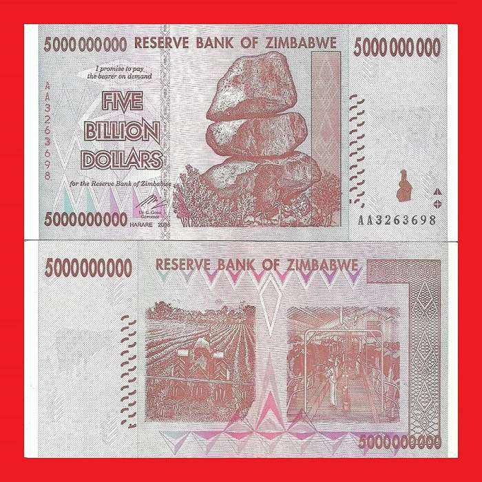 ZIMBABWE 5 Billion Dollar Banknote Serial AA3263698 AU