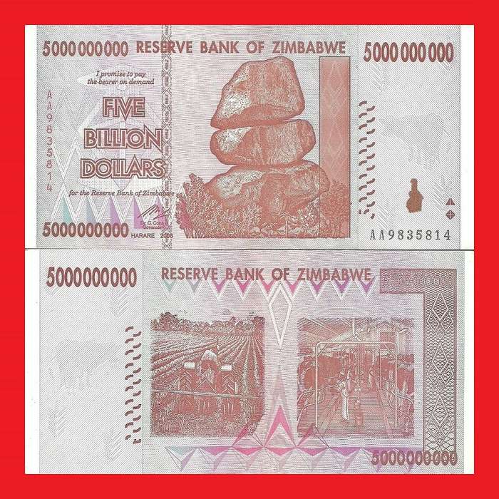 ZIMBABWE 5 Billion Dollar Banknote Serial AA3319114 AU
