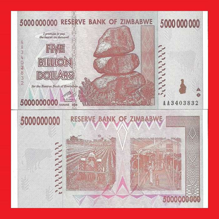 ZIMBABWE 5 Billion Dollar Banknote Serial AA3403832 AU