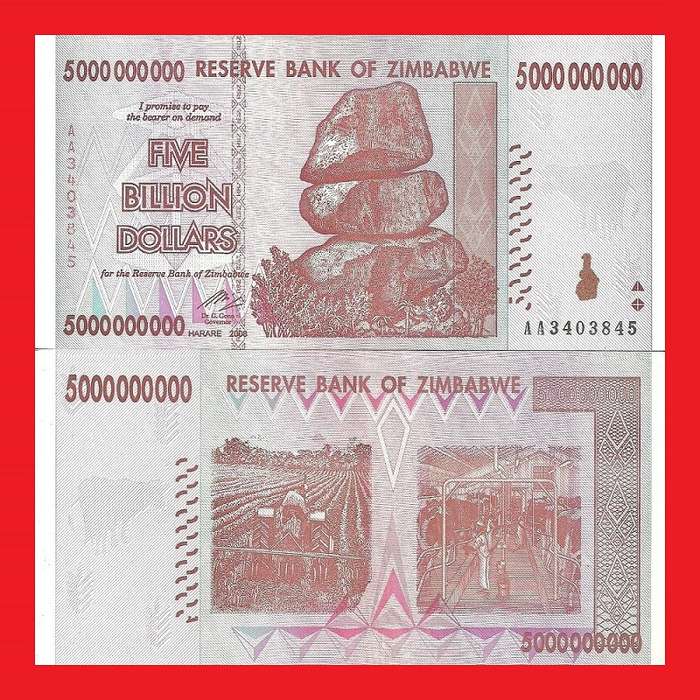 ZIMBABWE 5 Billion Dollar Banknote Serial AA3403845 AU