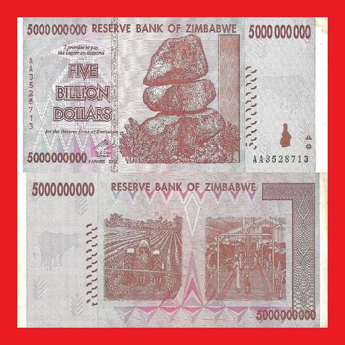 Zimbabwe 5 Billion Dollar Banknote Serial AA3528713 VF