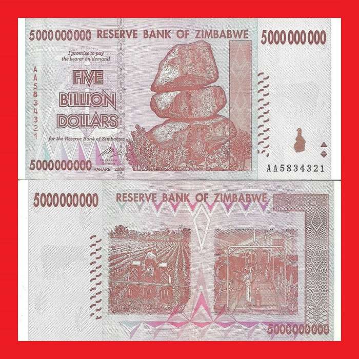 ZIMBABWE 5 Billion Dollar Banknote Serial AA5834321 AU