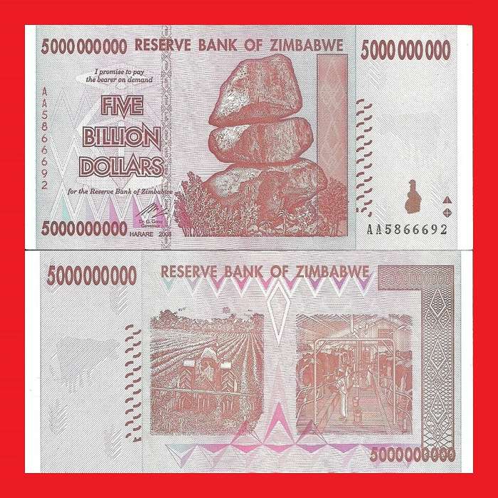 ZIMBABWE 5 Billion Dollar Banknote Serial AA5866692 AU
