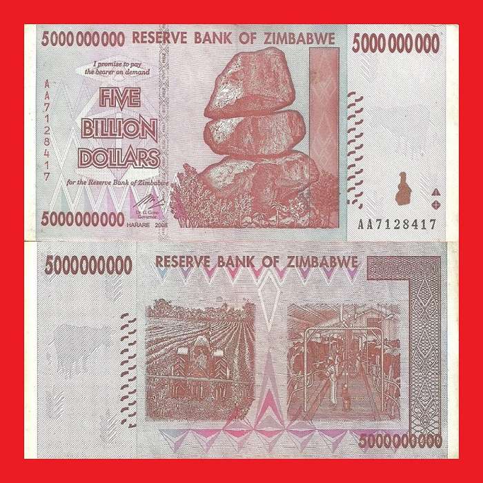 ZIMBABWE 5 Billion Dollar Banknote Serial AA7128417 VF
