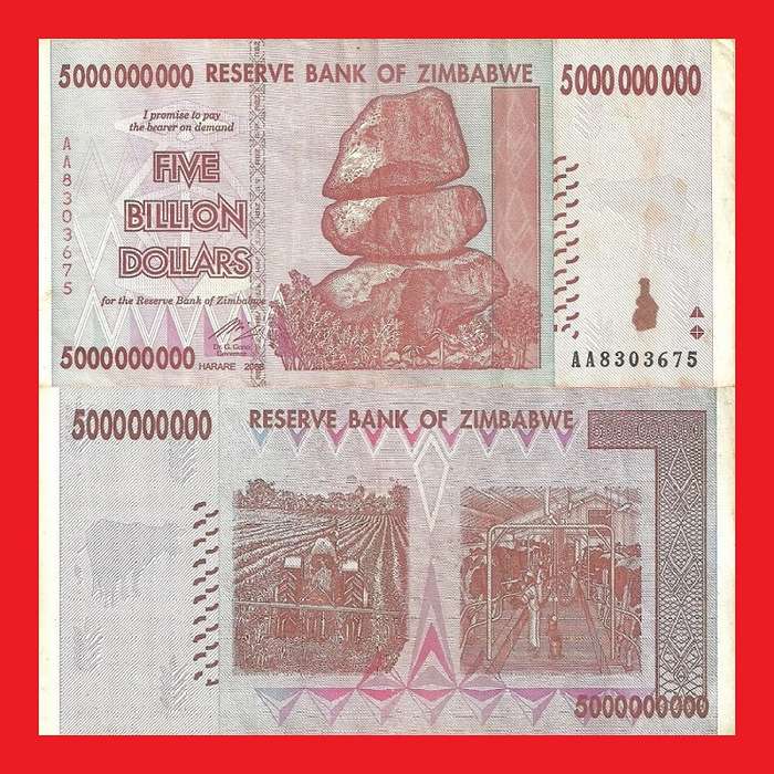 Zimbabwe 5 Billion Dollar Banknote Serial AA8303675 VF