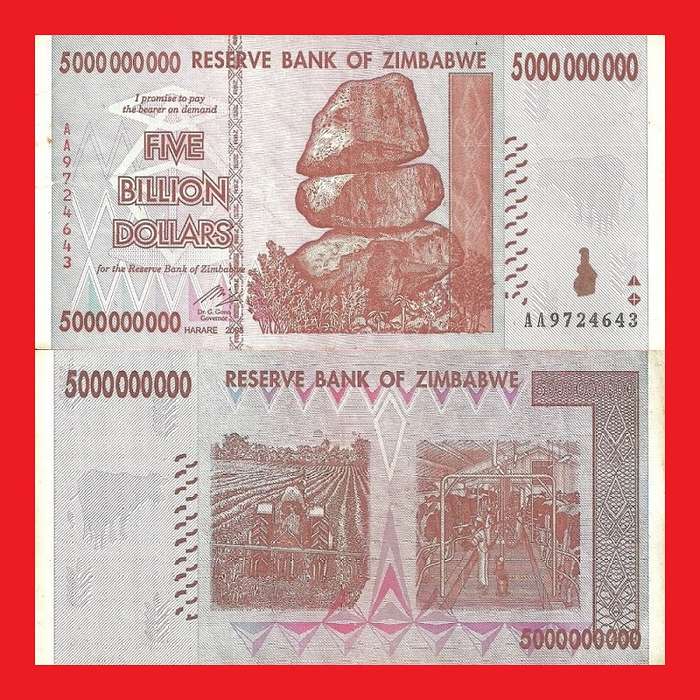 Zimbabwe 5 Billion Dollar Banknote Serial AA9724643 VF