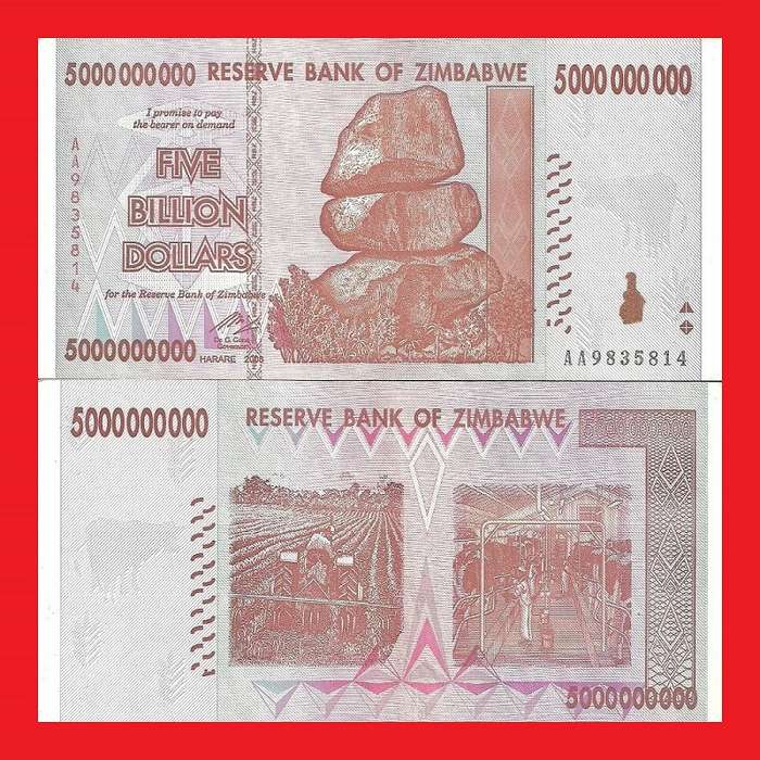 ZIMBABWE 5 Billion Dollar Banknote Serial AA9835814 AU