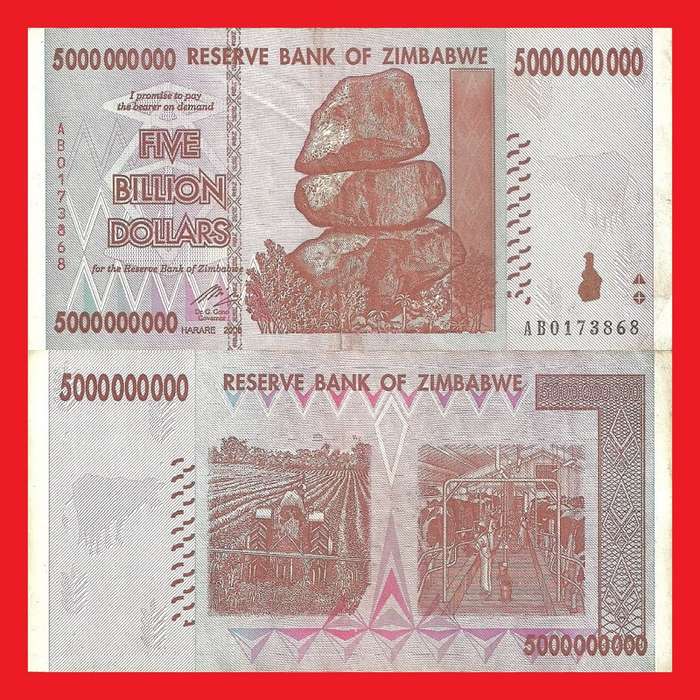 ZIMBABWE 5 Billion Dollar Banknote Serial AB0173868 VF