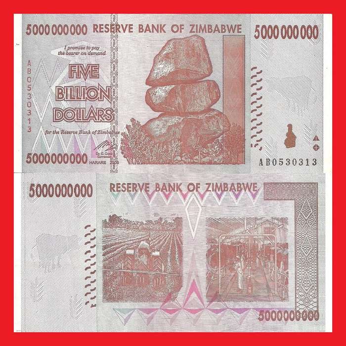 Zimbabwe 5 Billion Dollar Banknote Serial AB0530313 AU