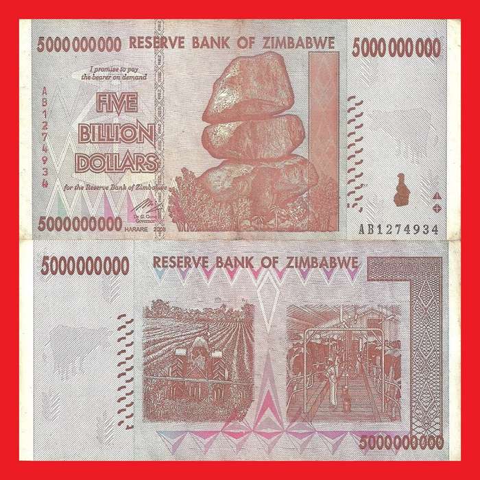 ZIMBABWE 5 Billion Dollar Banknote Serial AB0817794 XF