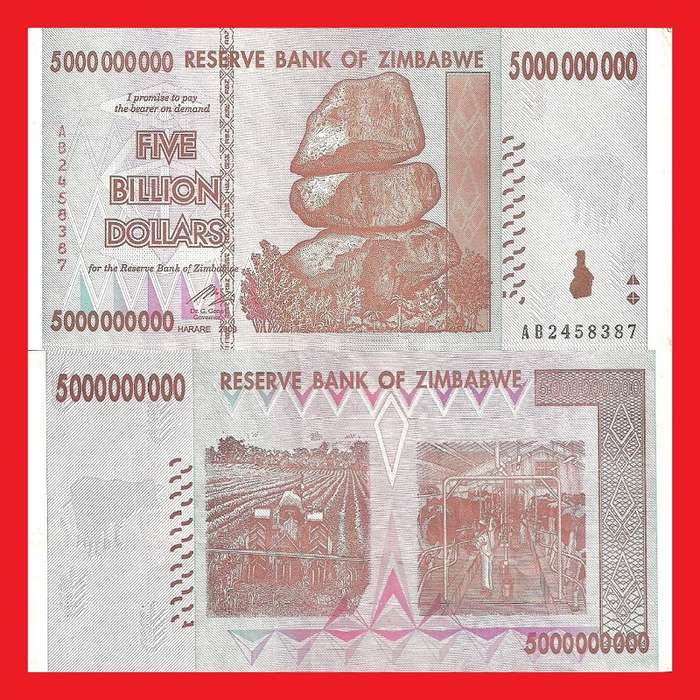 ZIMBABWE 5 Billion Dollar Banknote Serial AB2458387 XF