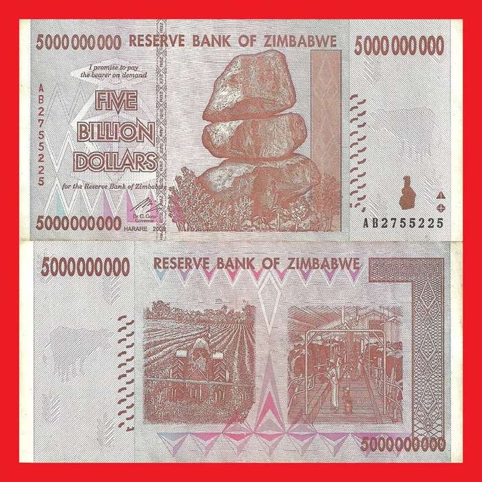 ZIMBABWE 5 Billion Dollar Banknote Serial AB2755225 XF