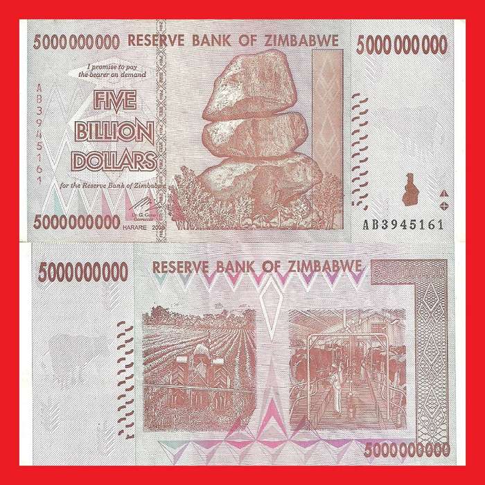Zimbabwe 5 Billion Dollar Banknote Serial AB3945161 XF