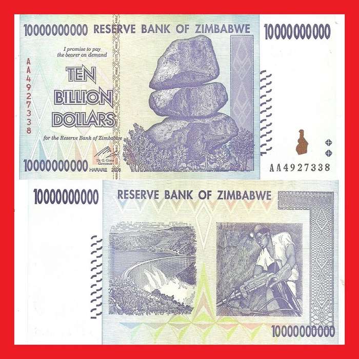 ZIMBABWE 10 Billion Dollar Banknote Serial AA4927338 UNC